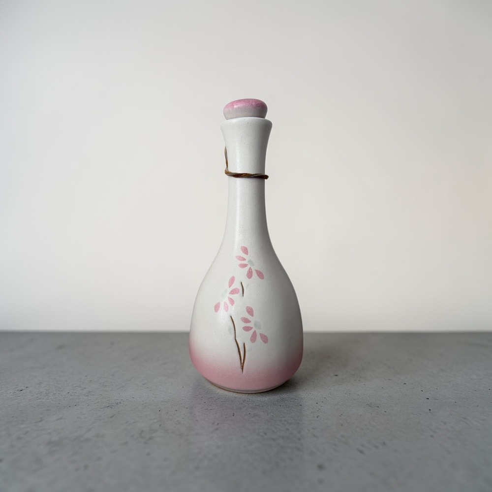 Artisan Studio Pottery Japanese Sake Pink Floral Stoneware & Stopper 1960's MCM